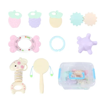 

1 Set/9pcs Infant Toys Hand-cranked Bell Funny Shaking Bell Chewing Toys Portable Hand Rattle Teether Toys with Gutta-percha