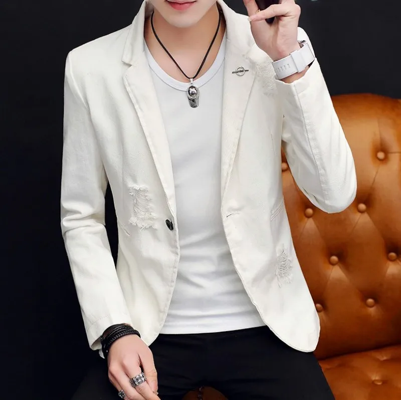 Slim Fit Personalit одежда для ночных клубов Модный повседневный мужской блейзер с длинным рукавом на одной пуговице рваные уличные мужские пальто