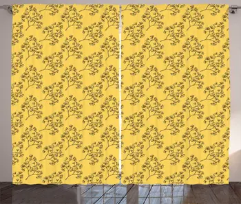 

Mustard Multicolor Floral Curtains Vintage Branch Maidenhair Tree Leaves Gingko Biloba Repetitive Pattern Bedroom Window Drapes