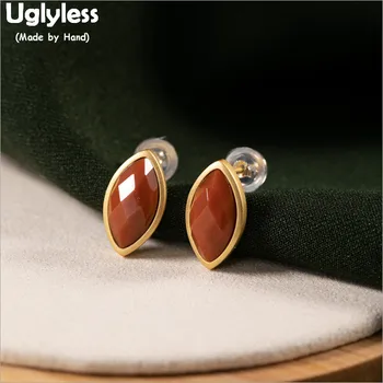 

Uglyless Olive Shape MINI Stud Earrings for Women Faceted Agate Studs Plate Gold Brincos Gems Real 925 Silver Fine Jewelry E1786