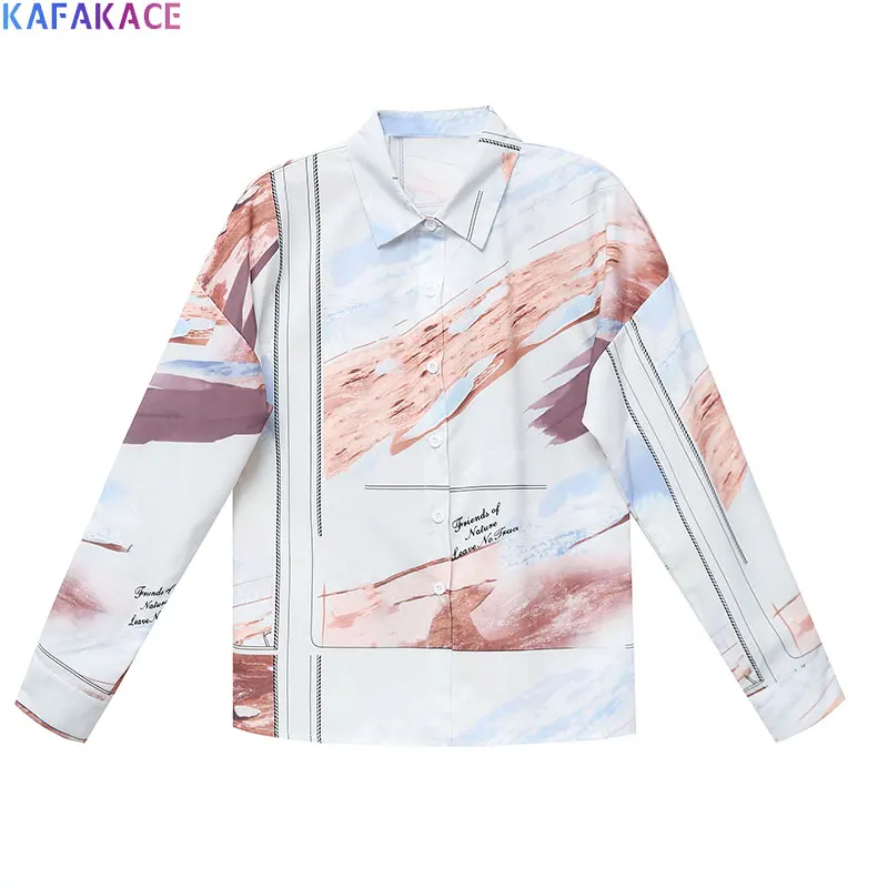 

KAFAKACE 2020 Blouses Shirts Pattern Print Women Lady Shirts Autumn Elegant Vintage Fashion Korean style Loose New Clothing