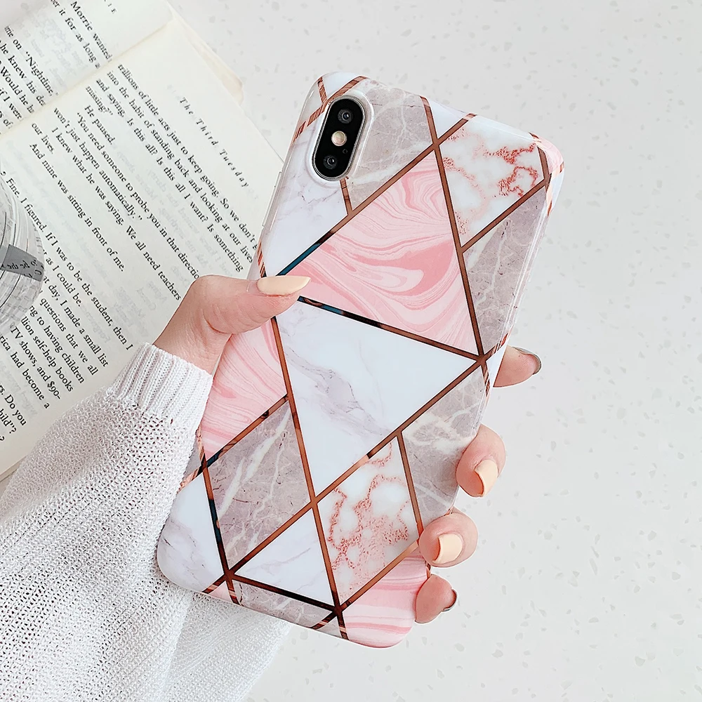 

SUYACS Electroplated Marble Phone Case For iPhone 11 Pro Max X XR XS Max 7 8 Plus 6 6S Ring Stand Geometric Soft IMD Back Cover