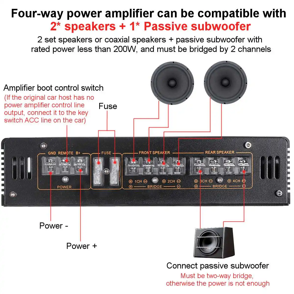 Amplificador de coche de 3200 W 12 V 4 canales Amplificador de potencia  estéreo Audio 4CH Bass Sub Woofer