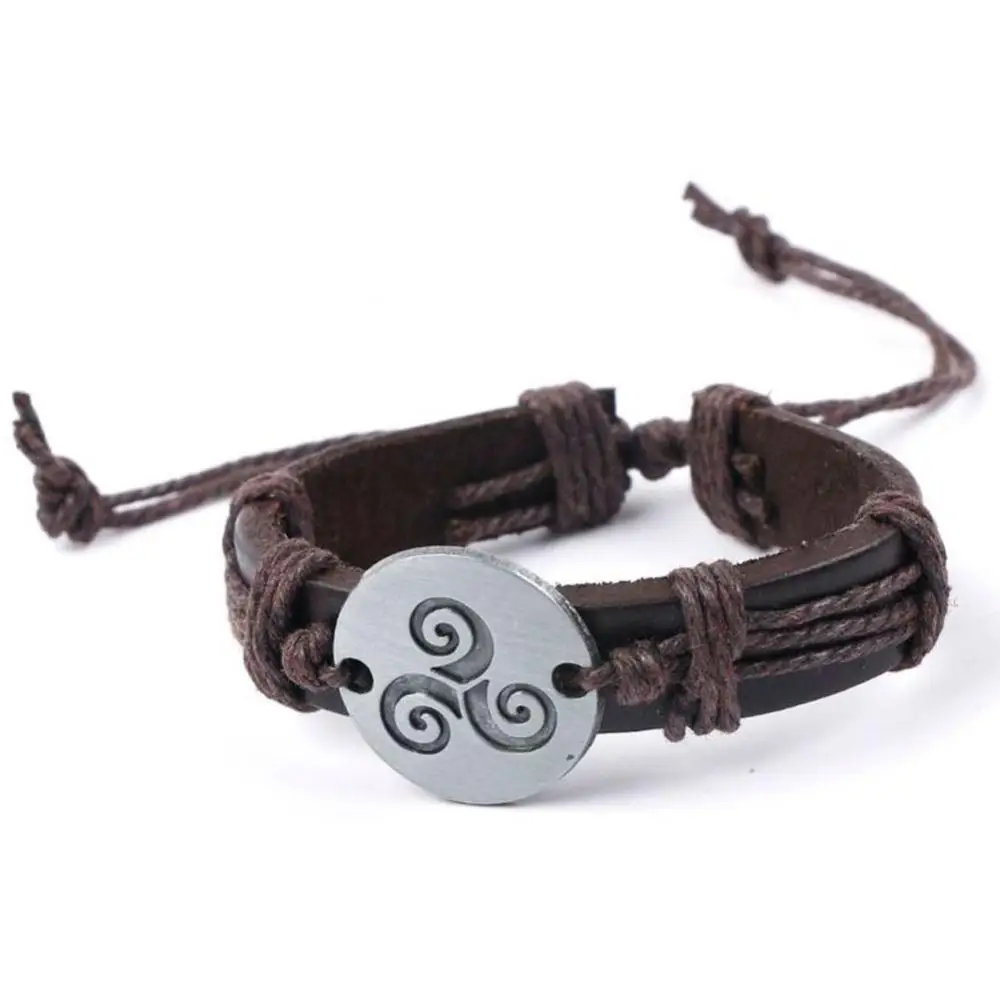 Vintage Bracelets Men Women Spiral Triskele Round Charm Braided Faux Leather Bracelet Birthday Party Gift