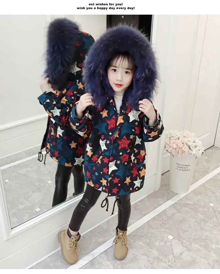 Fashion Children Winter down cotton Jacket Girl clothes Kids Warm Thick fur clothing Hooded long Coat For Teenage 4Y-13Y