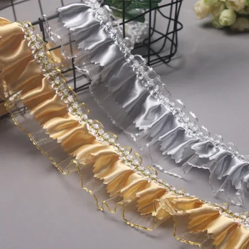 

21Yards Gathered Lace Edge Trim Golden Grey Mesh Pleated Ruffle Ribbon Fabric for DIY Sewing Accessories High Quality 7cm Wide