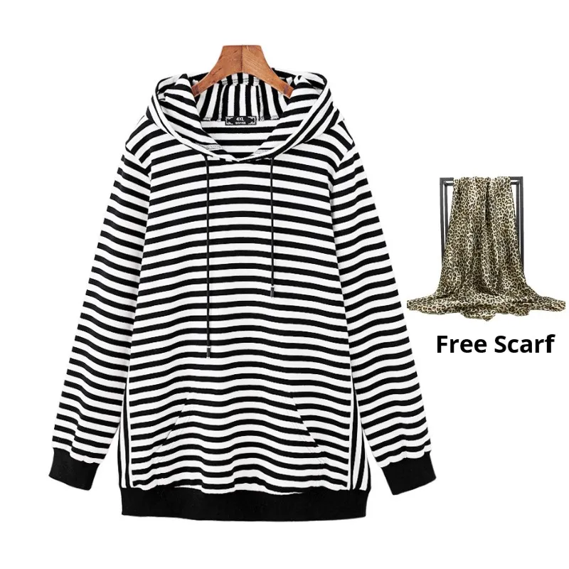 

Plus Size 10XL 8XL 6XL Women Spring Long Sleeves Sweatershirts Female Black White Striped Basic Hooded Tops Femininas Hoodies