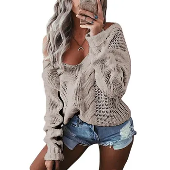 

New Autumn Women Sexy Off Shoulder Sweater Stitching Twist V-neck Casual Jumper Hollow Soft Warm Sweater Tops Loose Knitwear