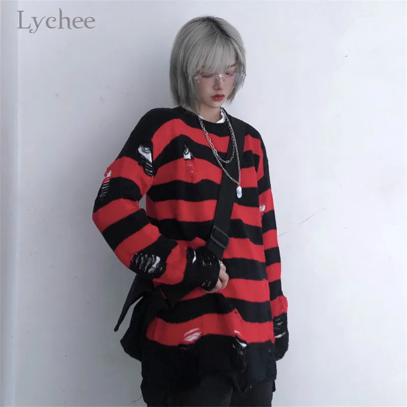 Lychee Harajuku черно красная Популярнейшая цветная полоска с дырками женский свитер