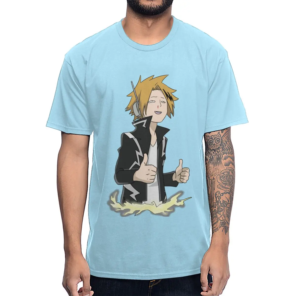 Boku No Hero Academy забавная футболка Kaminari Denki для мужчин Crewneck из чистого хлопка S-6XL Милая футболка - Цвет: Небесно-голубой