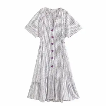 

2020 Women Vintage V Neck Buttons Dots Print Shirtdress Femme Butterfly Sleeve Hem Ruffles Vestidos Casual Chic Dresses