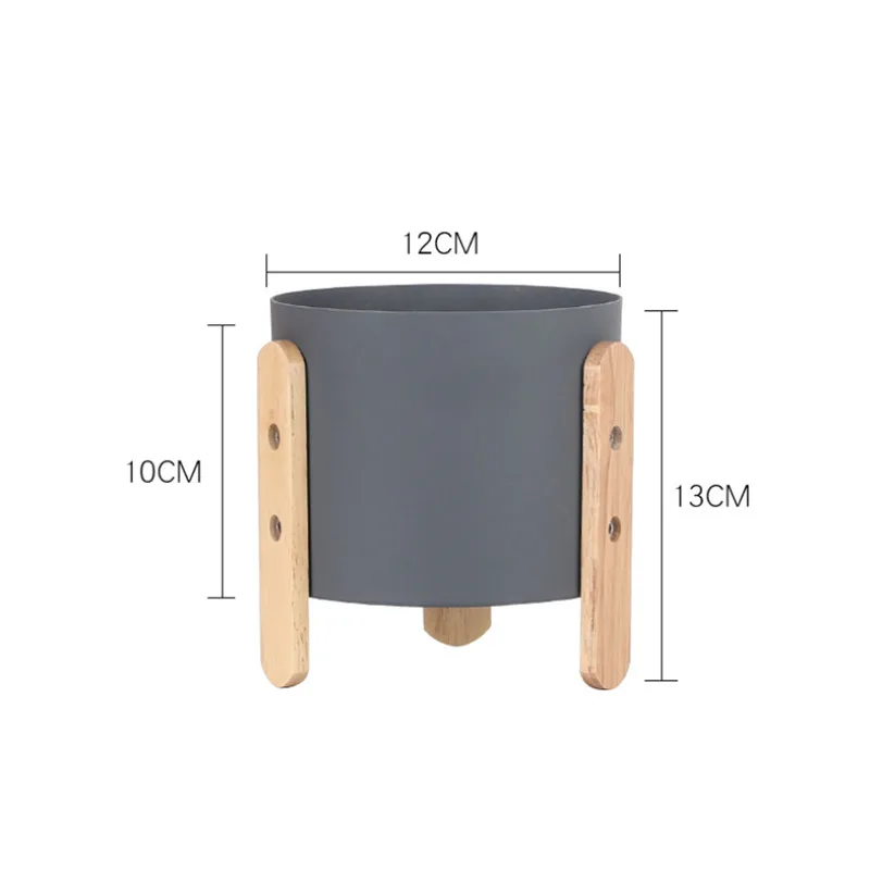 Nordic Simple Macaron Color Flowerpot Iron Planter Succulents Pot with Wooden Stand Home Decor Craft Green Plant Pot with Hole - Color: Grey M