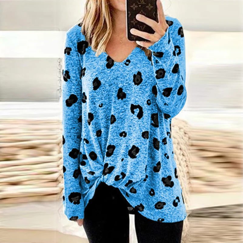 Blue Viensta 5XL Осенняя Длинная женская рубашка с v-образным вырезом и цветочным принтом модная блузка с длинными рукавами и узлом сбоку элегантная женская блуза - Цвет: Blue