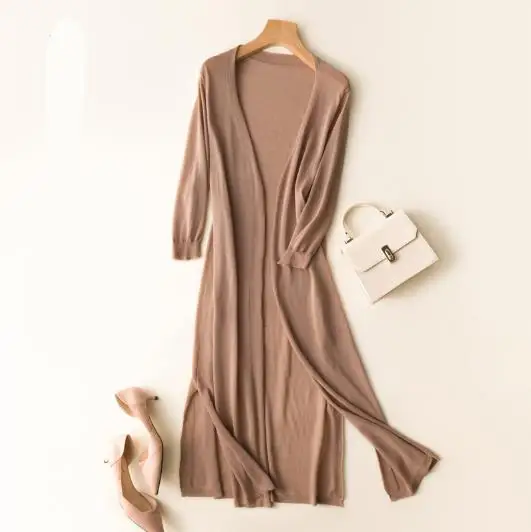 deep khaki Осень длинный женский кардиган вязаный однотонный свободный женский свитер с v-образным вырезом офисный женский элегантный износоустойчивые кардиганы - Цвет: deep khaki