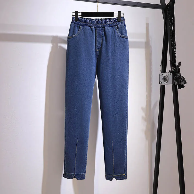 

150Kg Plus Size Women's Spring Autumn Stretch Elastic Waist Jeans 5XL 6XL 7XL 8XL 9XL Loose Cotton Daddy Pants Blue Black