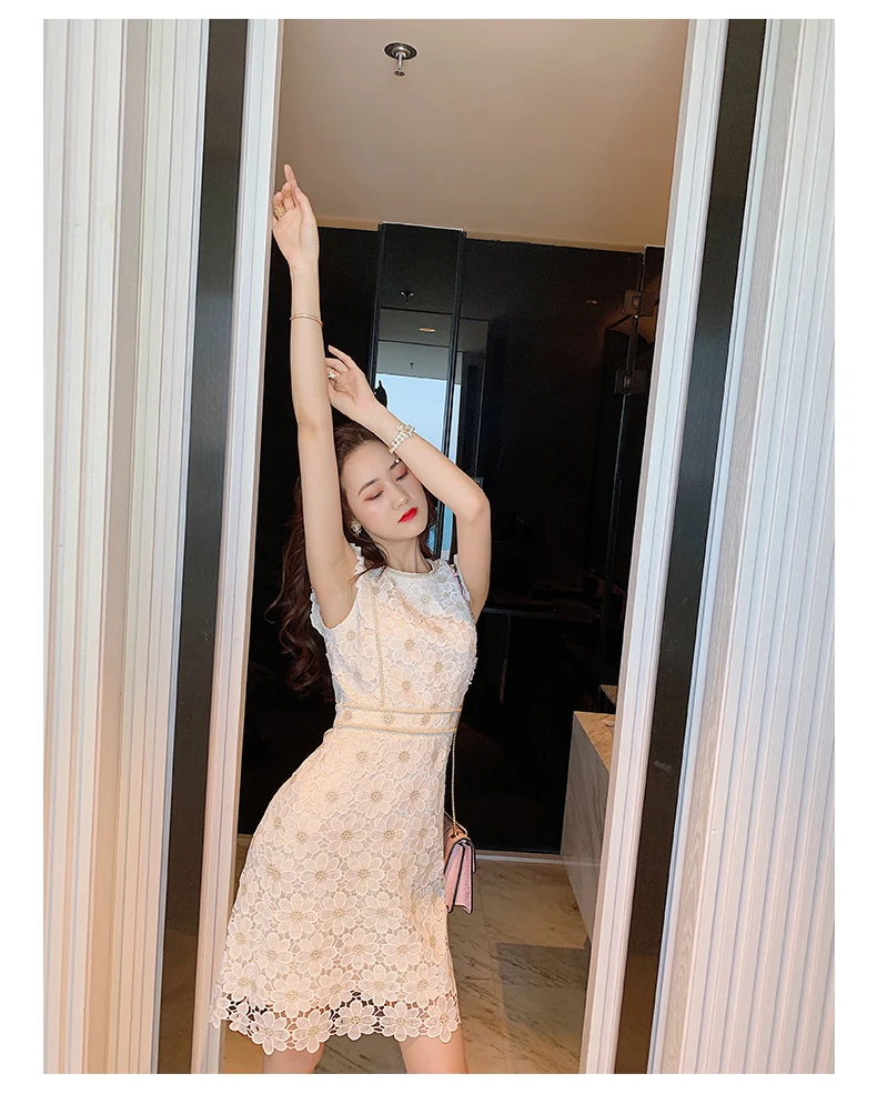 Women Lace Embroidery Dresses For Party 2021 Women'S Summer New Temperament Slim Round Neck High Waist Fashion Dress Office Lady