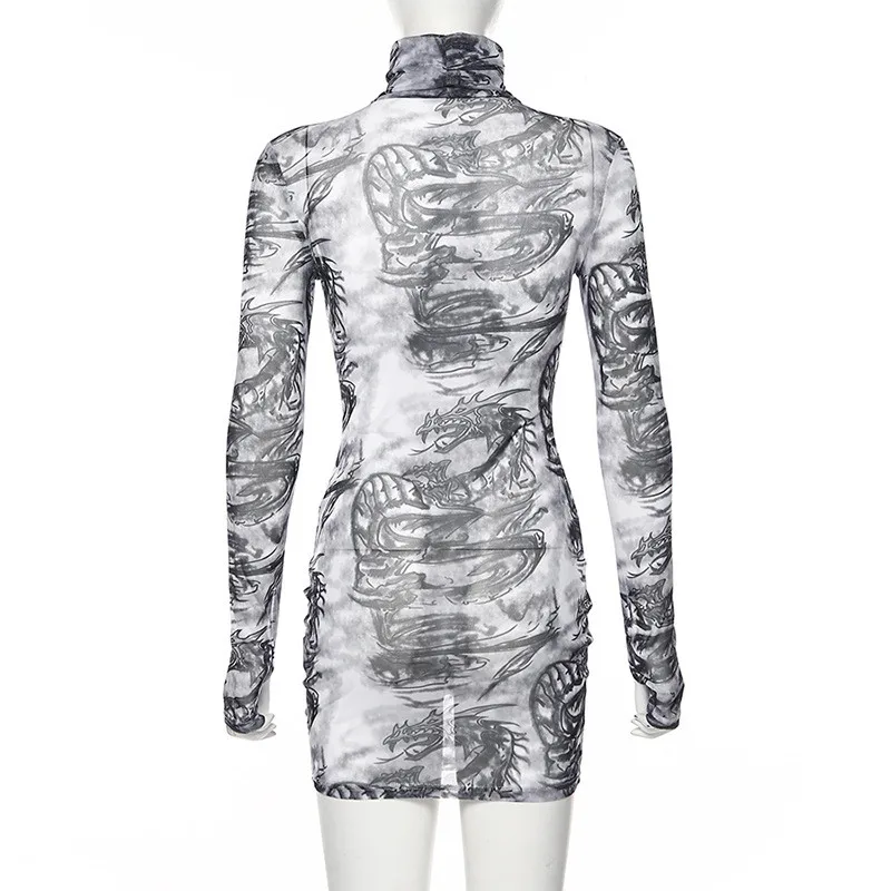 Shstyle Сетчатое просвечивающее Платье с принтом дракона для женщин, водолазка с длинным рукавом, Белое Облегающее клубное мини-платье с граффити