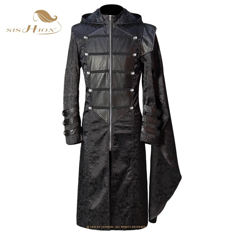 New Mens Trench Coat Leather Hooded Medieval Gothic Renaissance Punk Long Sleeves Jackets Retro Uniform Black VD2485 short sleeves zipper latex wetlook catsuit gothic faux leather bodysuit men s sexy black pvc latex gay jumpsuit leotard clubwear