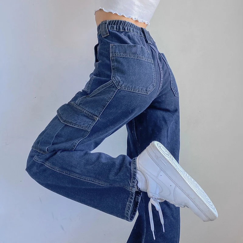 

Streetwear Patchwork Blue Woman Jeans 2020 Autumn High Waist Long Straight Cargo Trouser Denim Y2K Pants Women Harajuku Capris