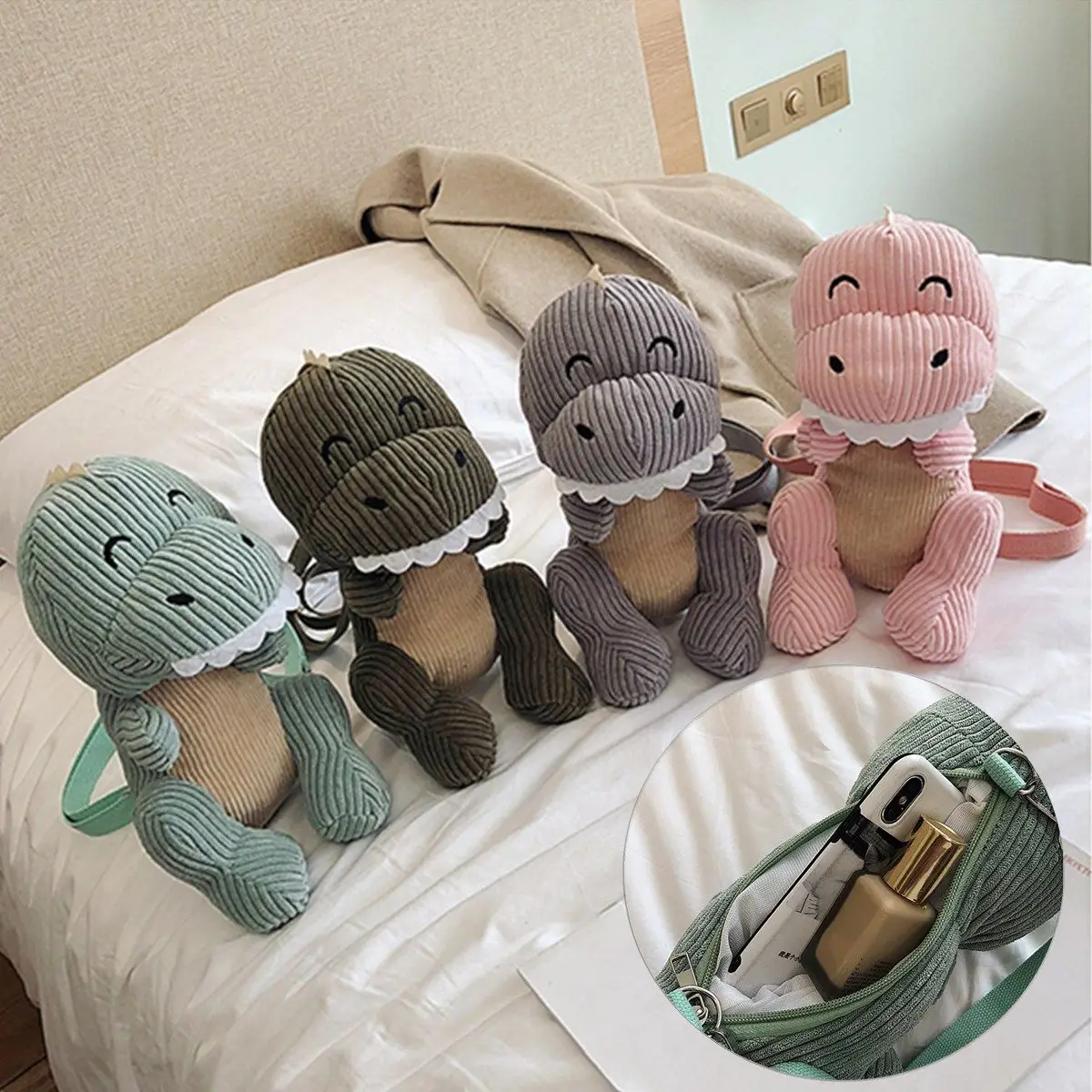 

Cute Dinosaur Plush Bag Women Cartoon Smiling Dinosaur Crossbody Bag Sling Shoulder Bag Plush Toy Backpack Girl's Birthday Gift