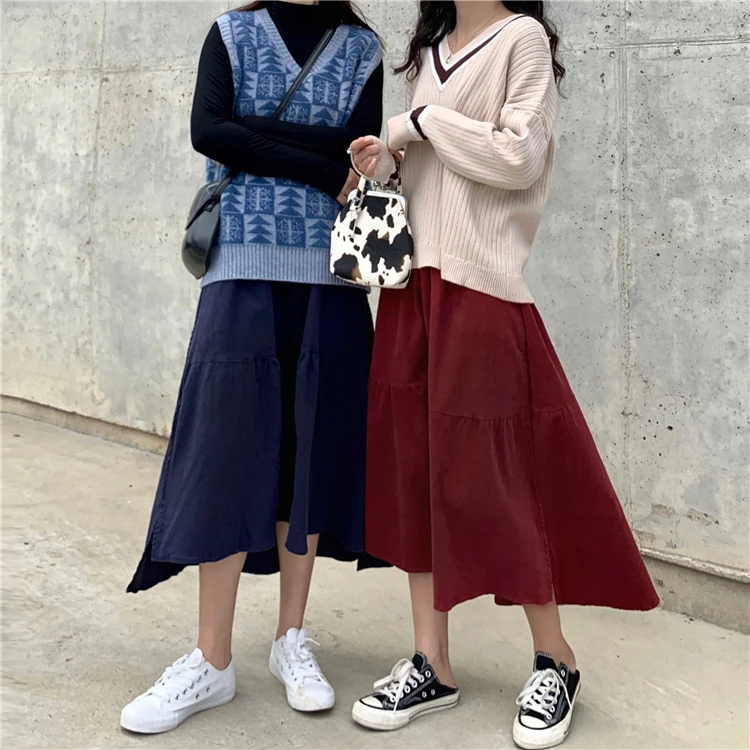 Colorfaith женское осенне-зимнее вельветовое вечернее платье винтажное миди юбка до середины икры в Корейском стиле модная юбка SK3835