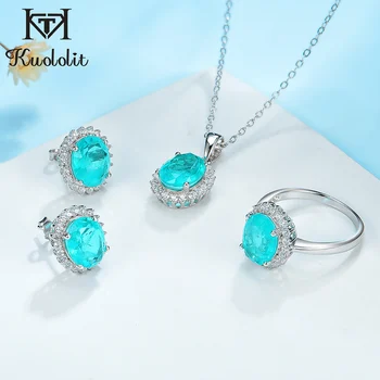 

Kuololit Paraiba Tourmaline Gemstone Jewelry Set for Women Solid 925 Sterling Silver Ring Earrings Necklaces for Wedding Gifts