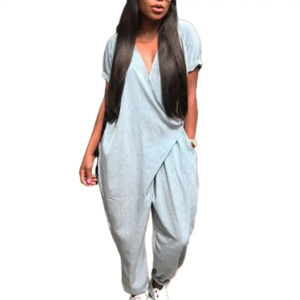 Women Loose Jumpsuit Solid Color Short Sleeve Front Wrapped V Neck Ankle Tied Loose Jumpsuit  skin-friendly Front wrapped v neck spot 2023 women s new hot selling casual denim style printed lantern sleeve lace up details jumpsuit