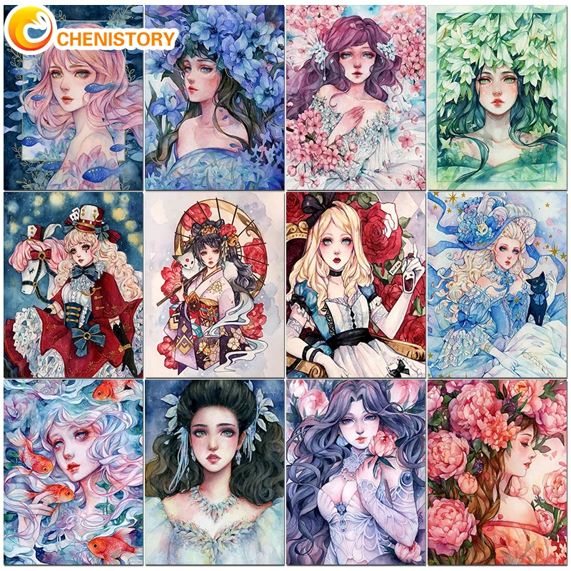 CHENISTORY Oil Painting By Numbers For Adults Cartoon Girl Flower Paint By Numbers Canvas Painting DIY Handmade Home Decor Craft