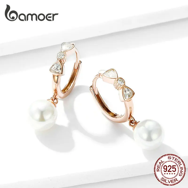 Bamoer 925 пробы серебряные висячие серьги с бантом и жемчугом элегантные Висячие серьги для женщин Изящные драгоценные камни Новинка Bijoux GAE283