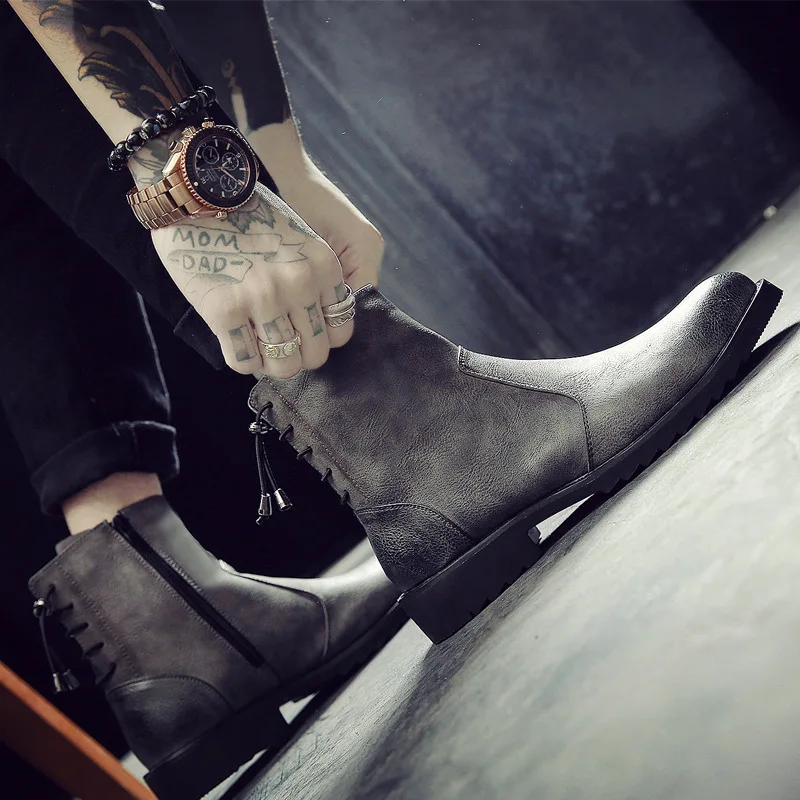 

Zip Cross-tied Retro Chelsea Boots Men Dress Ankle Fashion Pointed Toe Martin Boots Concise Solid Med Winter Motorcycle Shoes