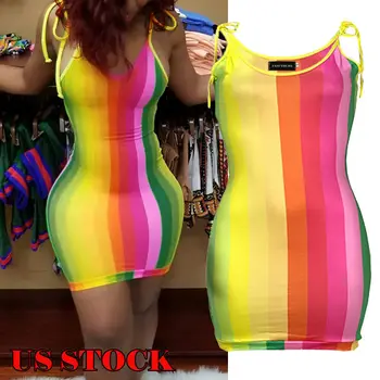 

Women Sexy Sleeveless Rainbow Stripe Bodycon Mini Dress Lace Up Bandage Evening Party Club Short Mini Dresses