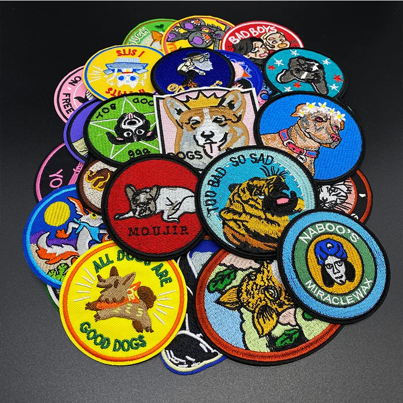 Round Cartoon Cat dog lovely Animal Embroidery Patches For Clothing DIY Iron On Patches On Clothes Eagle wolf Patch Patch embroidered patches clothing patches
