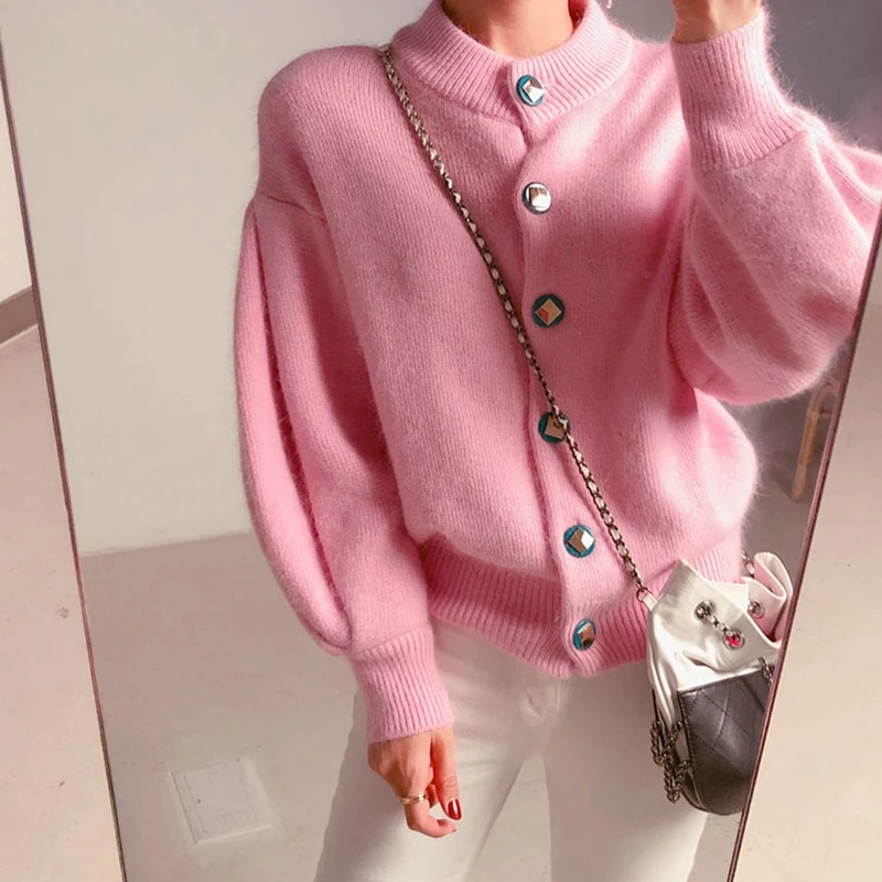 RealShe кашемировый женский свитер, круглый вырез, рукав-фонарик, однотонный Зимний вязаный кардиган, весна-осень, повседневный вязаный кардиган для женщин - Цвет: pink sweater women