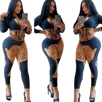 

Fashion Domineering Animal Print Women's 2 Piece Set Clothing Spring Autumn Coat Jacket+Skinny Pants 2 Color Evening Party Wear
