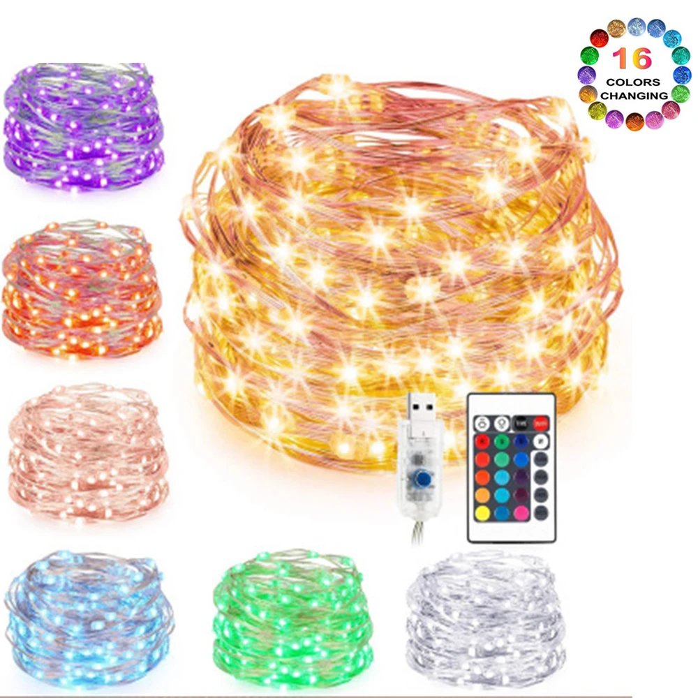 

100 LEDs Remote Control Fairy Lights Copper Wire LED String Lights 16 Colors for Garland Christmas Tree Wedding Room Decoration