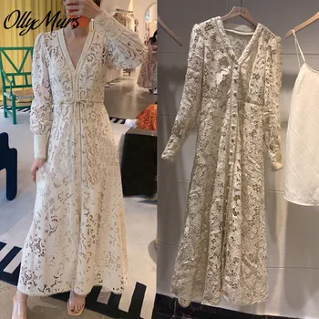 

New Runway Fashion High Quality Women Dress Autumn Winter Long Sleeve Hollow Out Embroidery Belt Bohemian Party Dress