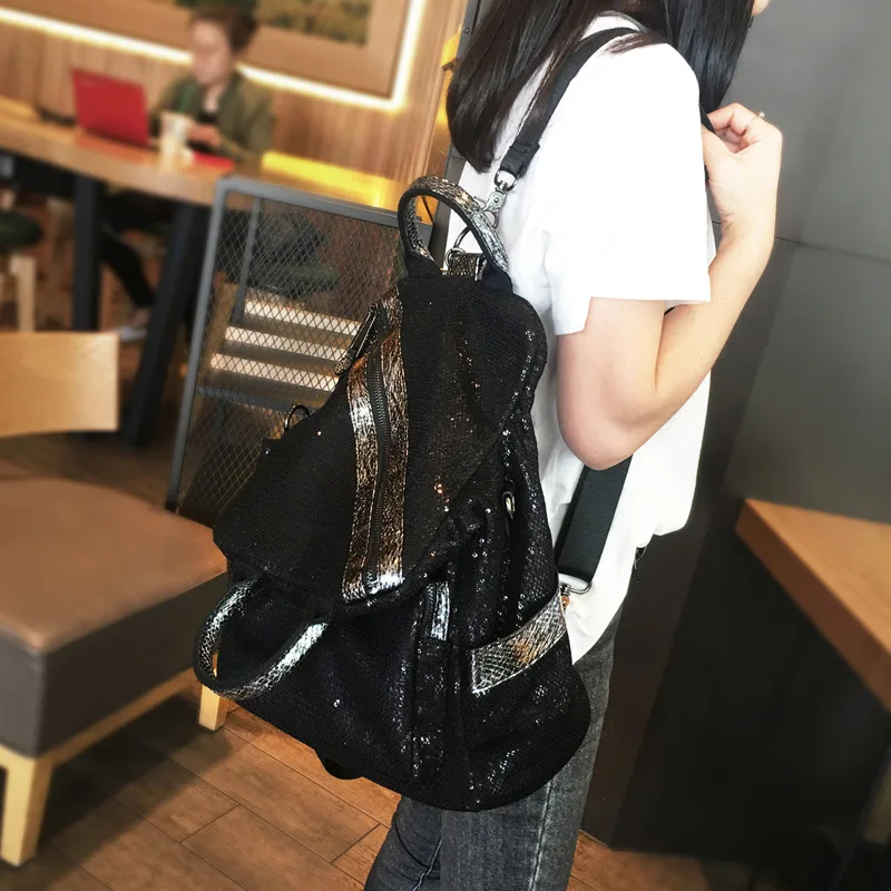 

FIRMRANCH New Fashion Quality Cool Black Large Capacity Mesh Sequins Bling Multifunctional Backpack All-Match Travel Ladies Bag