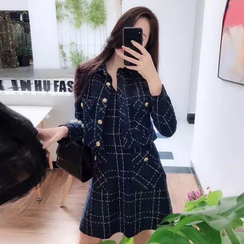 

Ellacey 2019 Autumn Winter Woolen Two Piece Set Trend Women Plaid Dress Skirt Set Retro Vintage Dress Jacket 2 Piece Set Women