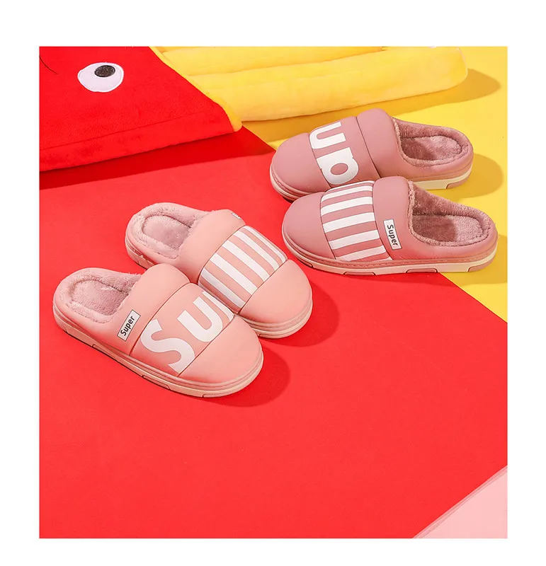 ASIFN Male Slippers with Fur Indoor Cotton Winter Men Waterproof Non-slip Warm Home Half-pack Female Slippers Couple