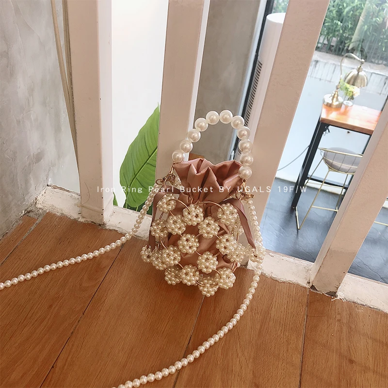 

UGALS Woven Pearl Bag In Buckets Ladies Vintage Evening Party Acrylic Beaded Plastic Handbag 2019 Luxury Brand Knitting bagpack