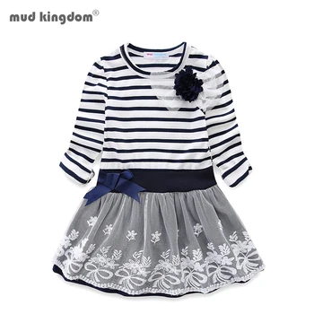 

Mudkingdom Girls Dresses Flower Striped Lace Casual Dress For Party Children Clothing