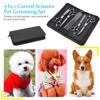 

Sharp Pet Grooming Set Tightness Adjustable Dog Cat Steel Curved Scissors Comb With Bag 5 In 1 Face Body Ears Universal Durable