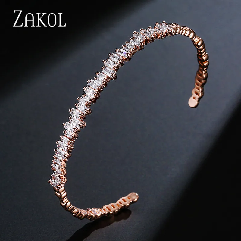 ZAKOL Fashion Black Cubic Zirconia Bracelet Bangle Trendy Baguette Cuff Bangles For Women Girl Party Wedding Jewelry FSBP154