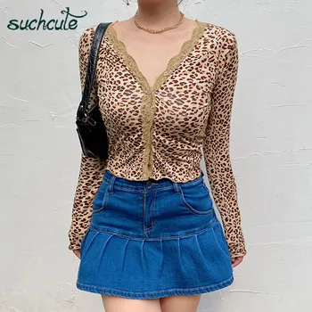 

SUCHCUTE dot women's T-shirts lace patchwork tops long sleeve y2k aesthetic female v neck zaraing tee summer 2020 90s outfits