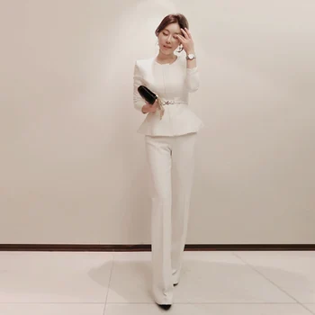 

High Quality Women Two Piece Outfits 2019 Autumn Winter Fashion Long Sleeve Round Neck Blazer + High-waist Wide-leg Pants Suits