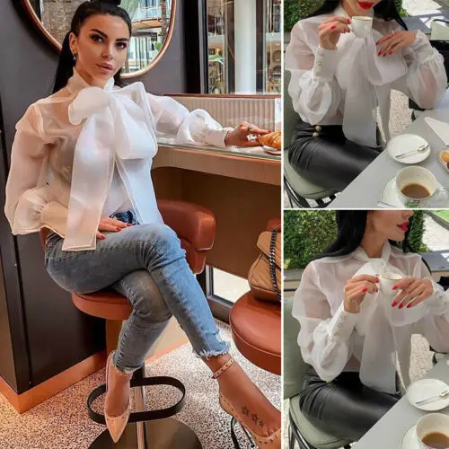 

See-through Mesh Sheer Lace Up Women Blouse Tops Shirts Fashion Lace Long Sleeve Bowknot Transparent White Shirt