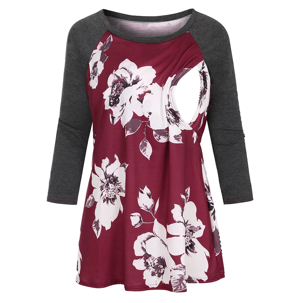 Wine Red BrFloral печати для беременных Футболка для беременных, с длинным рукавом Топ в полоску и кормящих мам женская футболка Свободная одежда для беременных футболка D30 - Цвет: Wine Red