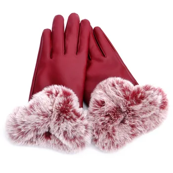 

PU Leather Gloves Female Winter Touch Screen Plus Velvet Warm-Style Korean-style Cute Model Rabbit Fur Ball Windproof Cycling Dr