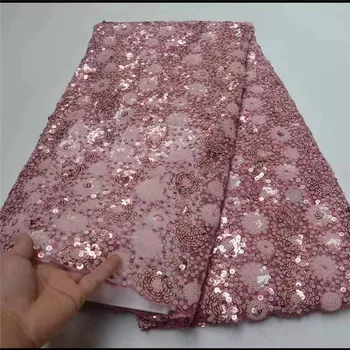 

2019 pink High Quality Nigerian Tulle Lace sequins Fabrics Latest Beaded Mesh African Lace Fabric Bride French Net Lace Fabric