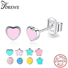 Cute Small Blue Pink Peach Heart Star Earrings 925 Sterling Silver Stud Earrings for Women Girls Children Kids Authentic Jewelry